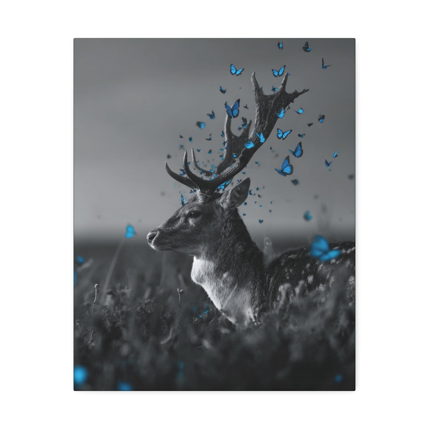 Crown of Wings | Black and White Deer Canvas Art with Blue Butterflies – Rustic Wildlife Wall Decor