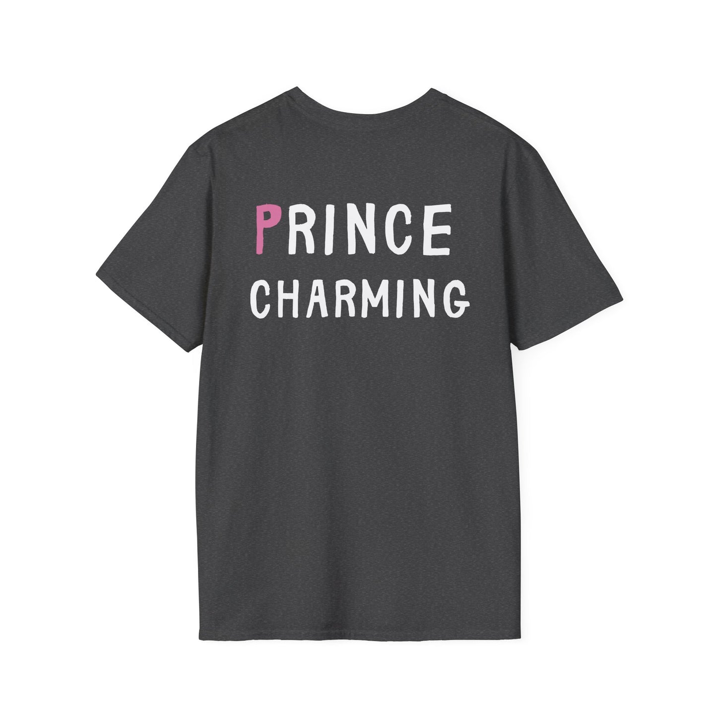Black t-shirt with 'PRINCE CHARMING' text on a white background