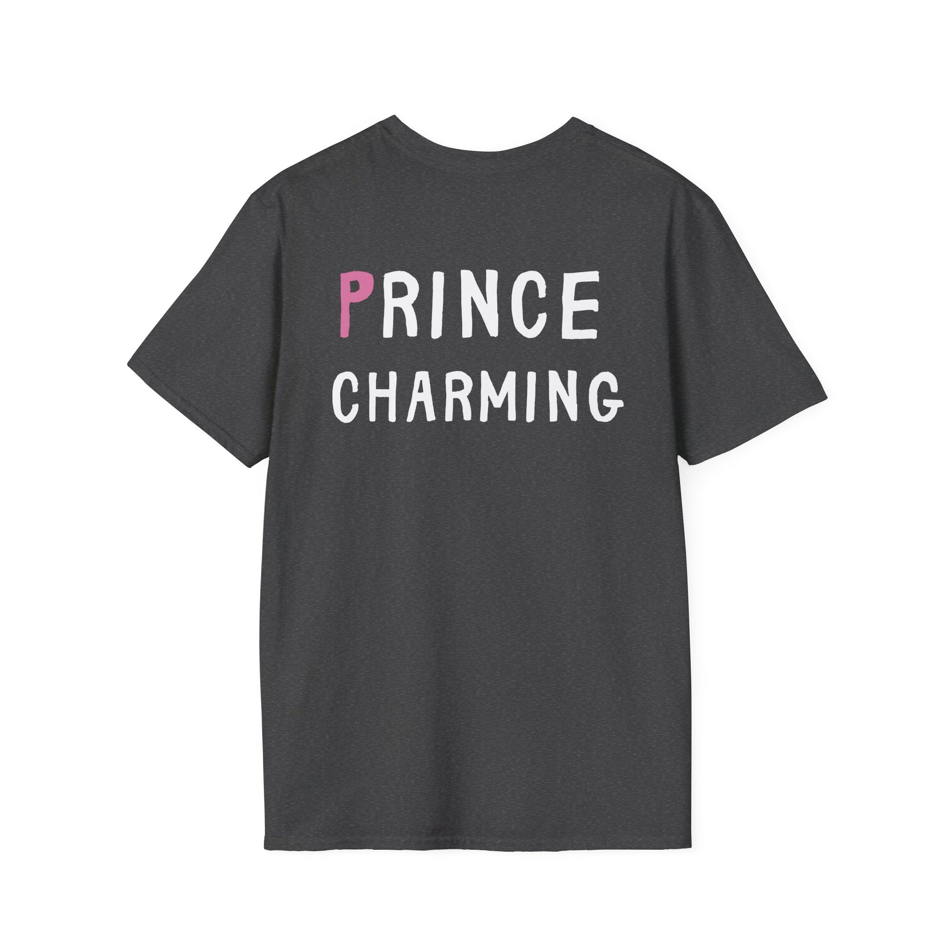 Black t-shirt with 'PRINCE CHARMING' text on a white background