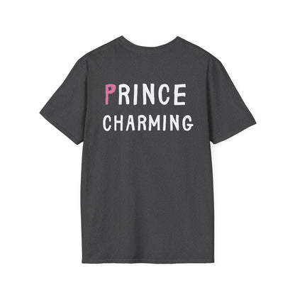 Black t-shirt with 'PRINCE CHARMING' text on a white background