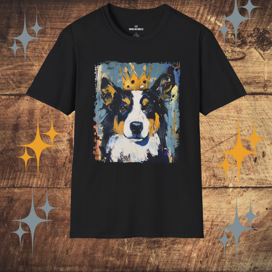 Black t-shirt with a Border Collie wearing a crown graphic on a wooden surface