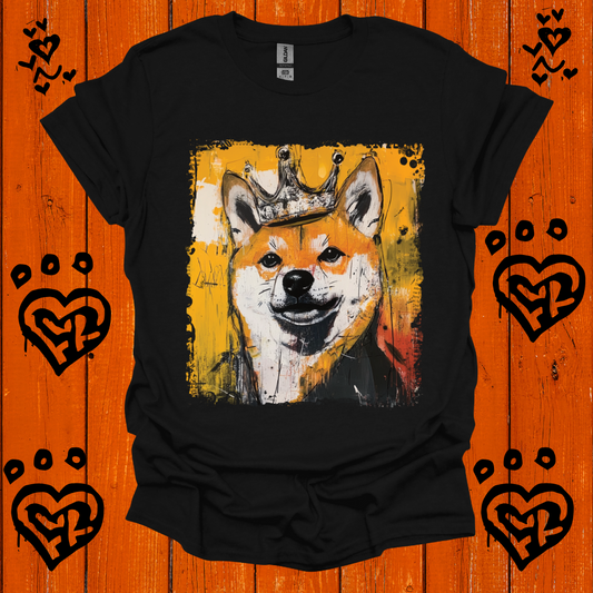 Black t-shirt with a sHIBA iNU wearing a crown graphic on an orange background with heart designs.