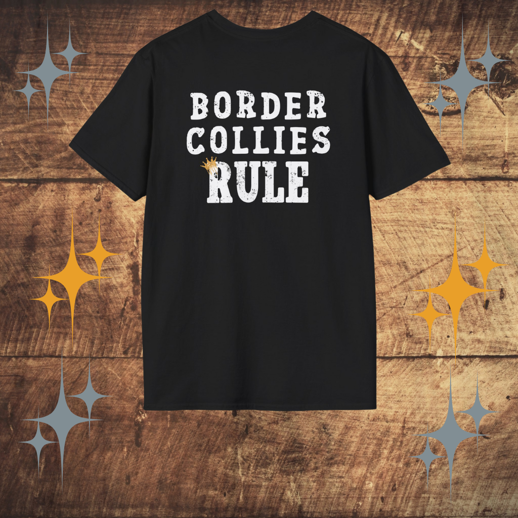 Black t-shirt with 'Border Collies Rule' text on a wooden background