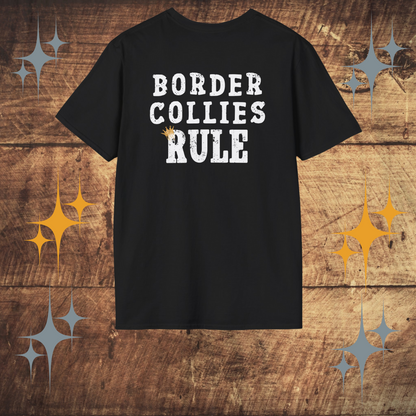 Black t-shirt with 'Border Collies Rule' text on a wooden background