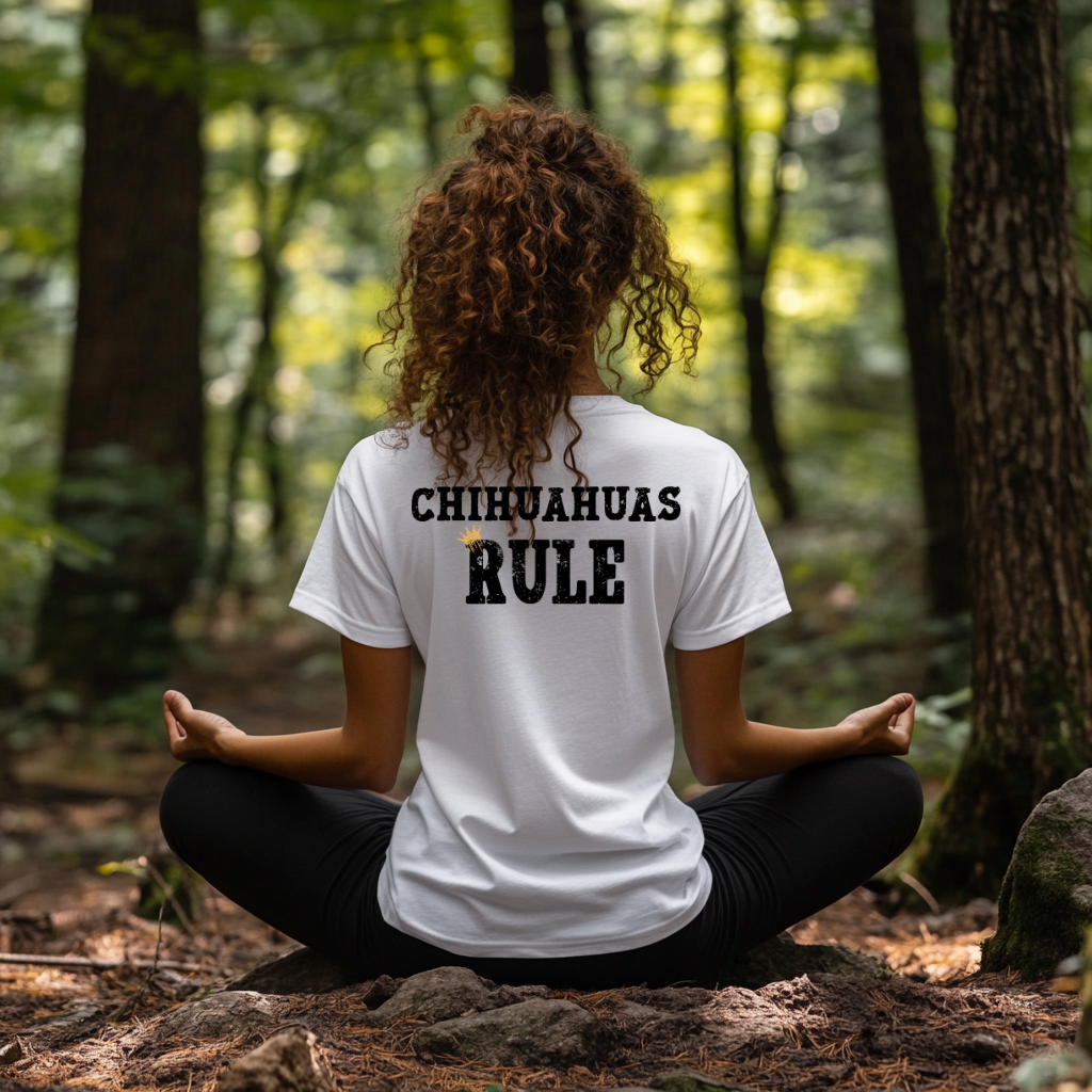 Person sitting in a meditative pose wearing a white t-shirt with 'CHIHUAHUAS RULE' text in a forest setting.