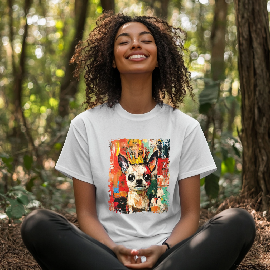 Person wearing a white t-shirt with a colorful Chihuahua dog graphic in a forest setting