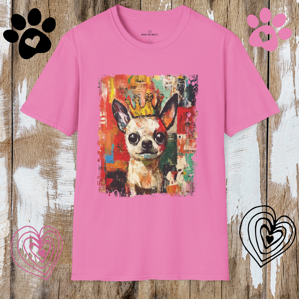 Pink t-shirt with a colorful Chihuahua dog graphic on a wooden background