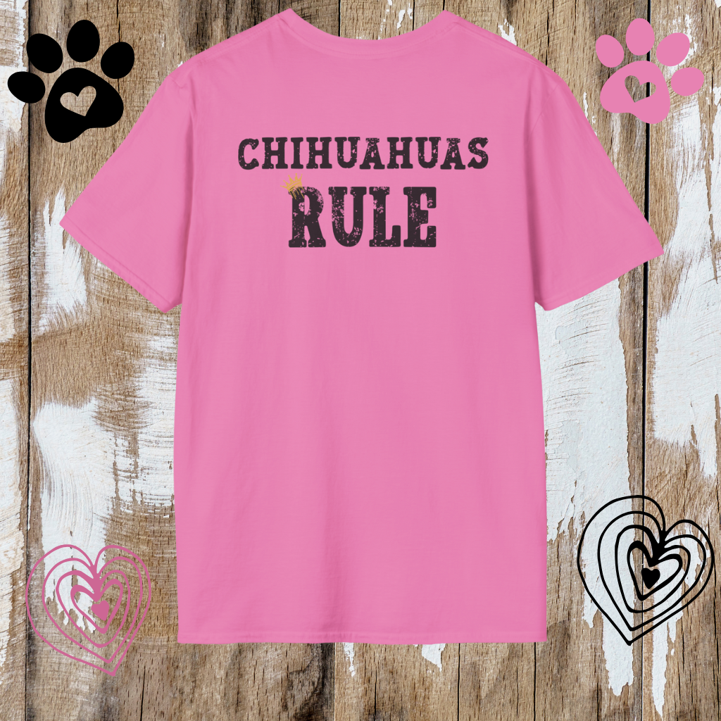 Pink t-shirt with 'CHIHUAHUAS RULE' text on a wooden background