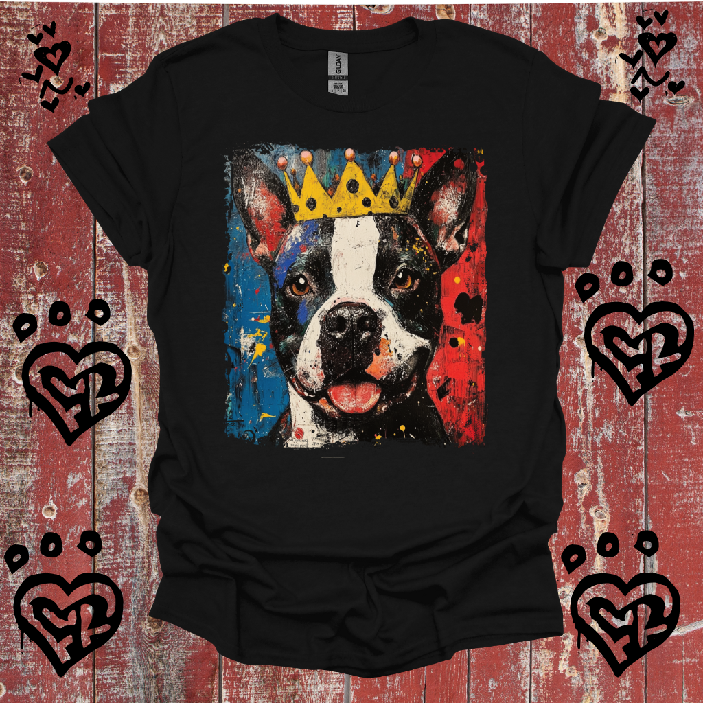 Black t-shirt with a Pit bull wearing a crown graphic on a red wooden background