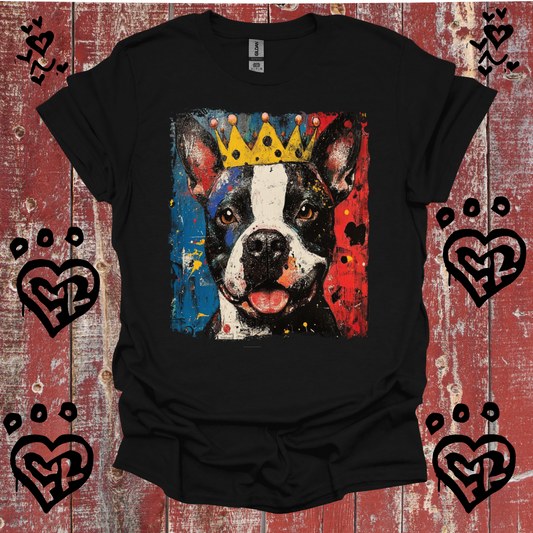 Black t-shirt with a Pit bull wearing a crown graphic on a red wooden background
