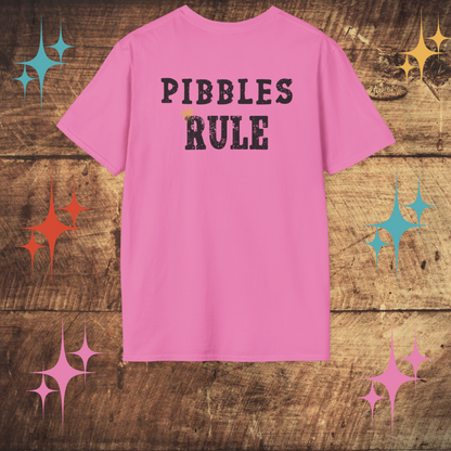 Pink t-shirt with 'PIBBLES RULE' text on a wooden surface with decorative stars.