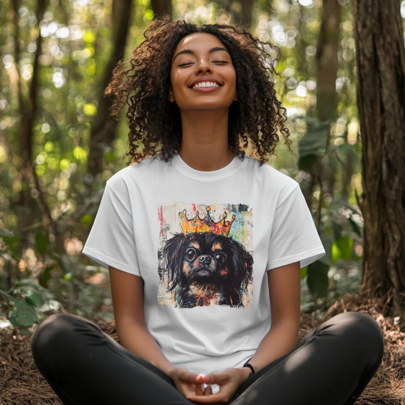 Person wearing a white t-shirt with a dog graphic in a forest  