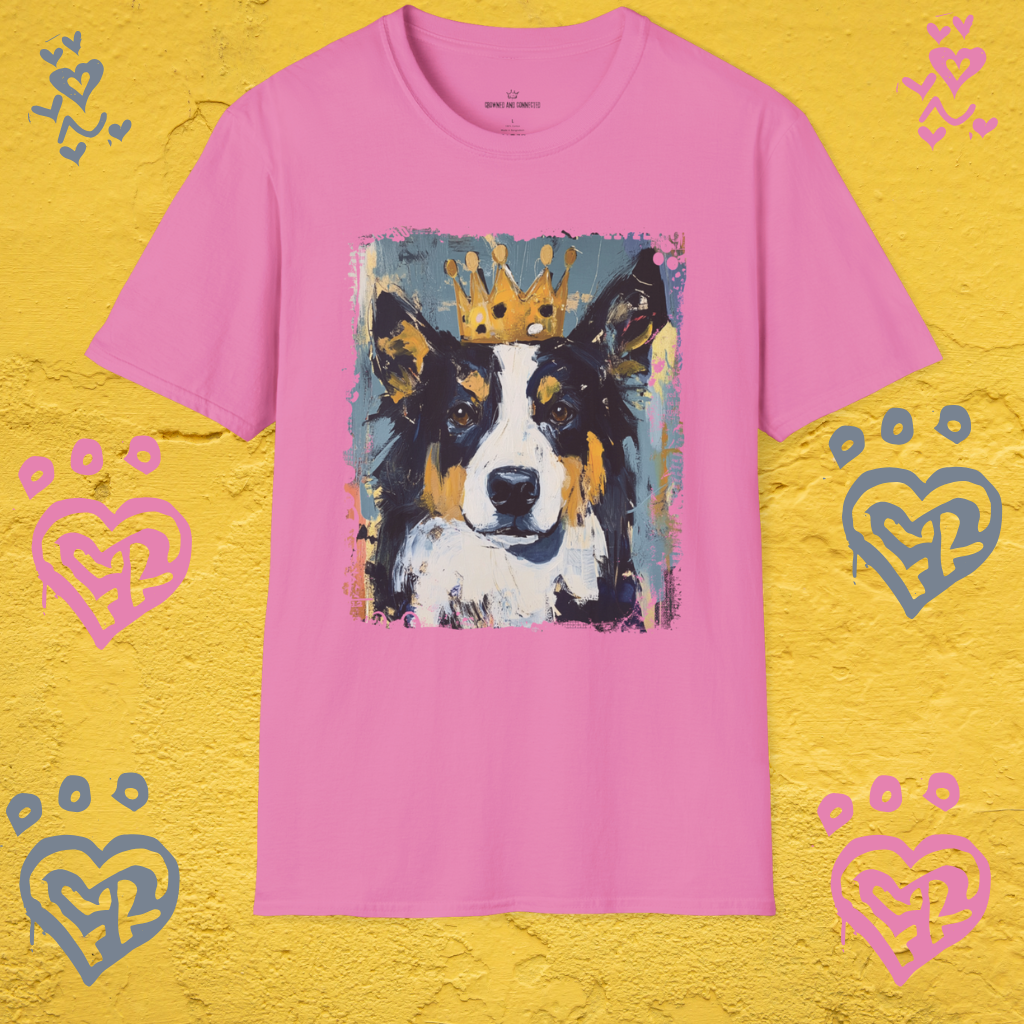 Pink t-shirt with a Border Collie wearing a crown graphic on a yellow background with heart designs.