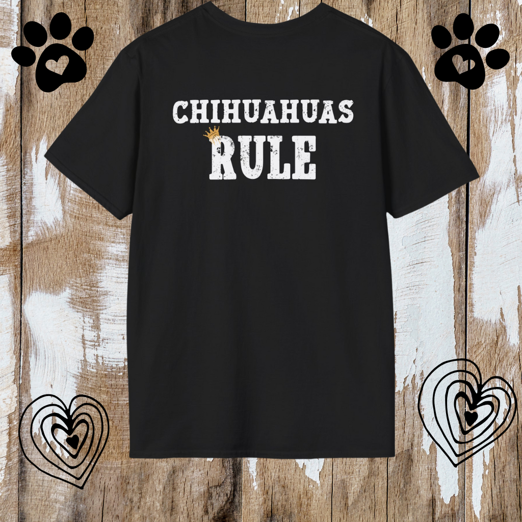 Black t-shirt with 'CHIHUAHUAS RULE' text on a wooden background