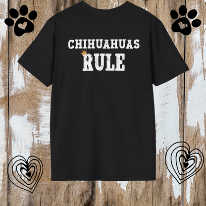 Black t-shirt with 'CHIHUAHUAS RULE' text on a wooden background