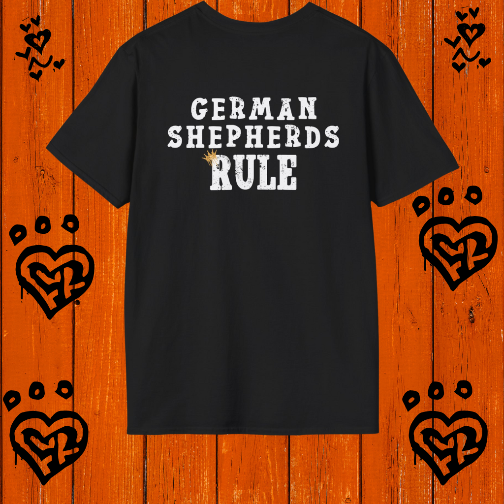 Black t-shirt with 'GERMAN SHEPHERDS RULE' text on a wooden background with heart designs.


