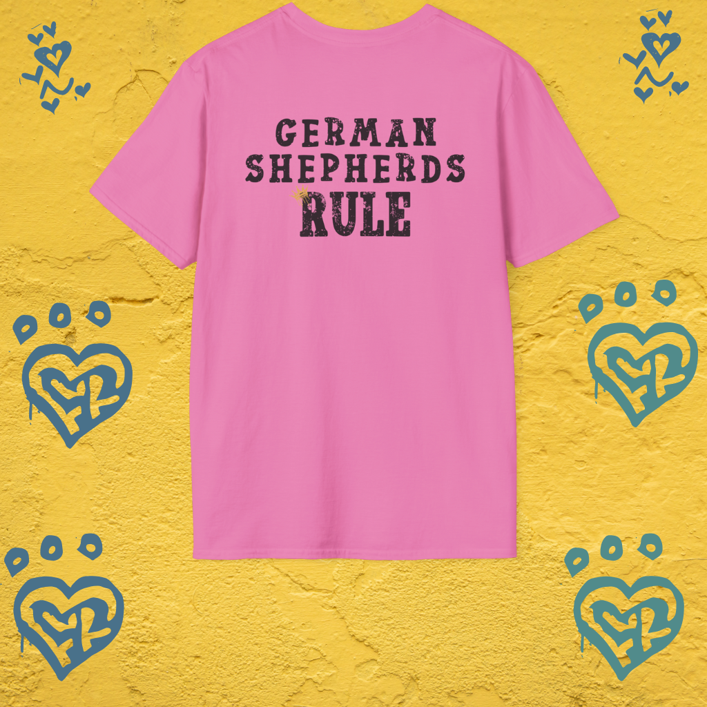 Pink t-shirt with 'GERMAN SHEPHERDS RULE' text on a yellow background with blue heart designs.