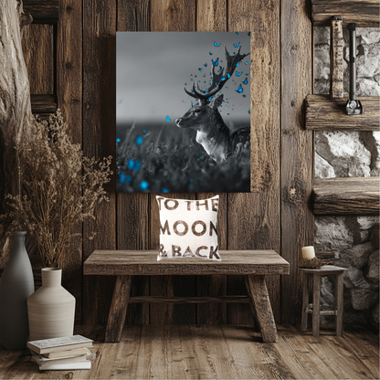 Crown of Wings | Black and White Deer Canvas Art with Blue Butterflies – Rustic Wildlife Wall Decor