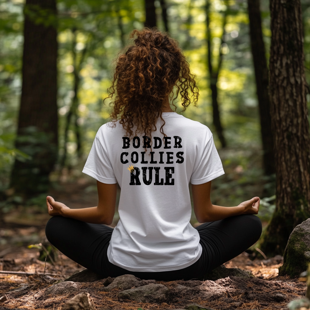 Person sitting in a forest wearing a white t-shirt with 'Border Collies Rule' text.