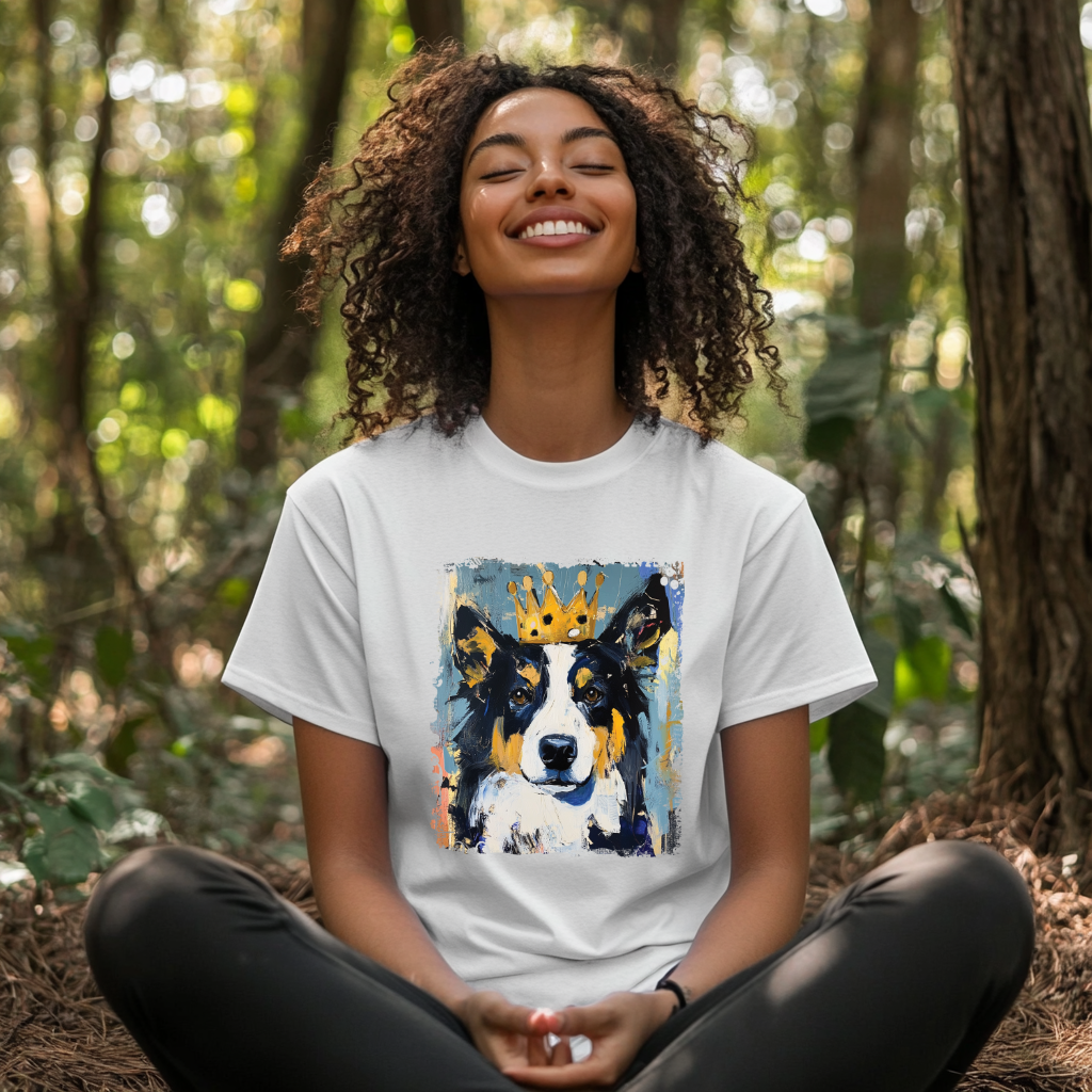 Person wearing a white t-shirt with a Border Collie graphic in a forest setting