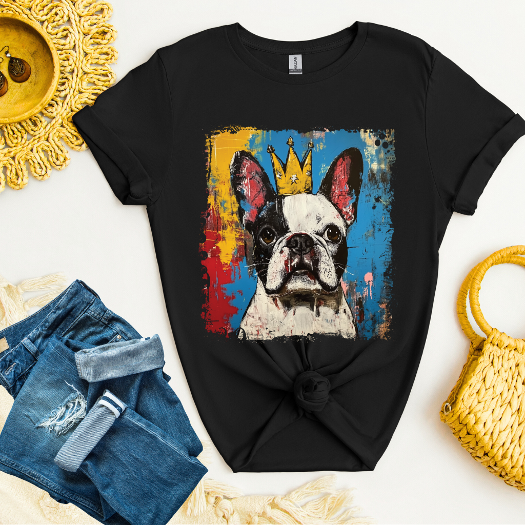 Black t-shirt with a French Bulldog graphic and shorts on a decorative surface