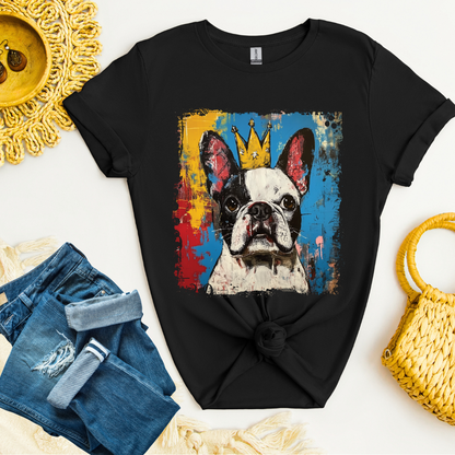 Black t-shirt with a French Bulldog graphic and shorts on a decorative surface