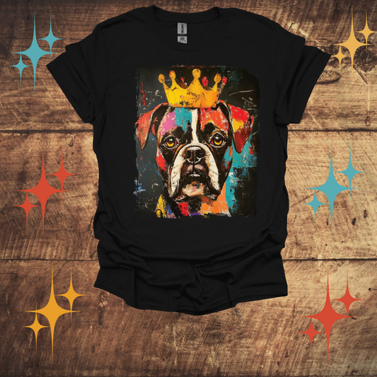Black t-shirt with a colorful Boxer Dog graphic and crown on a wooden surface