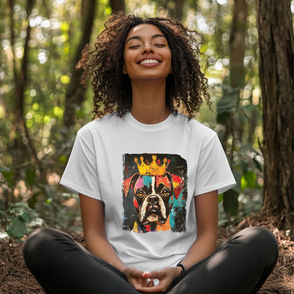 Person wearing a white t-shirt with a colorful  BOXER dog graphic in a forest setting