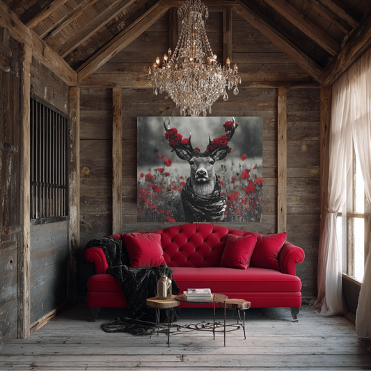 Crowned in Crimson – Regal Wildlife Canvas Art with Red Floral Crown