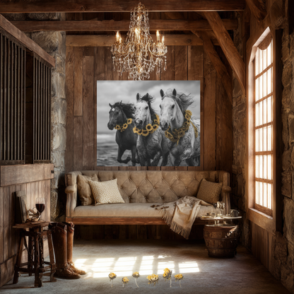 Sunflower Stallions – Black and White Wild Horse Canvas Art with Yellow Accents