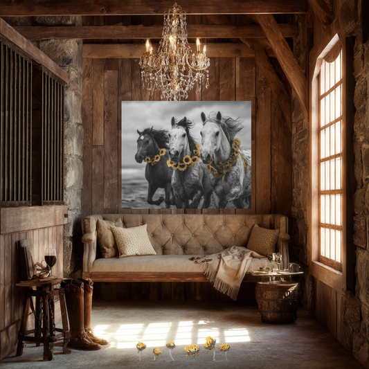 Sunflower Stallions – Black and White Wild Horse Canvas Art with Yellow Accents