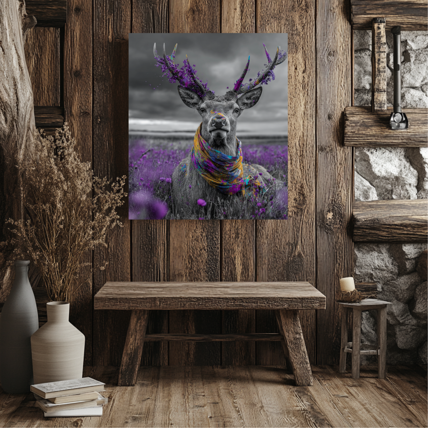 Crowned in Violet – Black & White Deer Canvas Wall Art with Purple Wildflowers & Boho Scarf | Mystical Woodland Wildlife Print | Nature-Inspired Home Decor