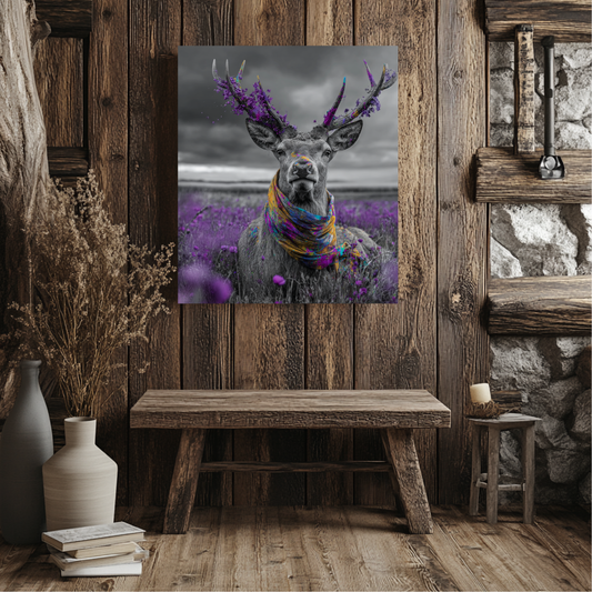 Crowned in Violet – Black & White Deer Canvas Wall Art with Purple Wildflowers & Boho Scarf | Mystical Woodland Wildlife Print | Nature-Inspired Home Decor