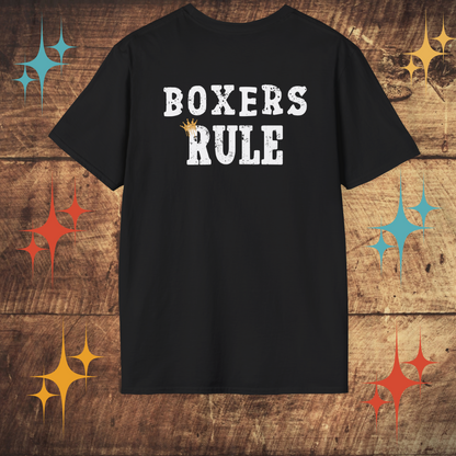 Black t-shirt with 'BOXERS RULE' text on a wooden background