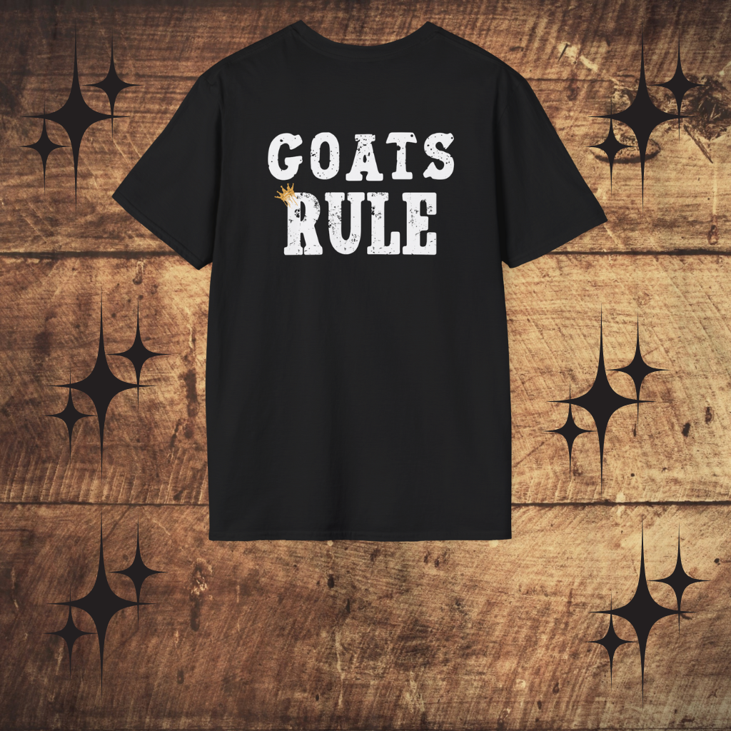 Black t-shirt with 'GOATS RULE' text on a wooden background
