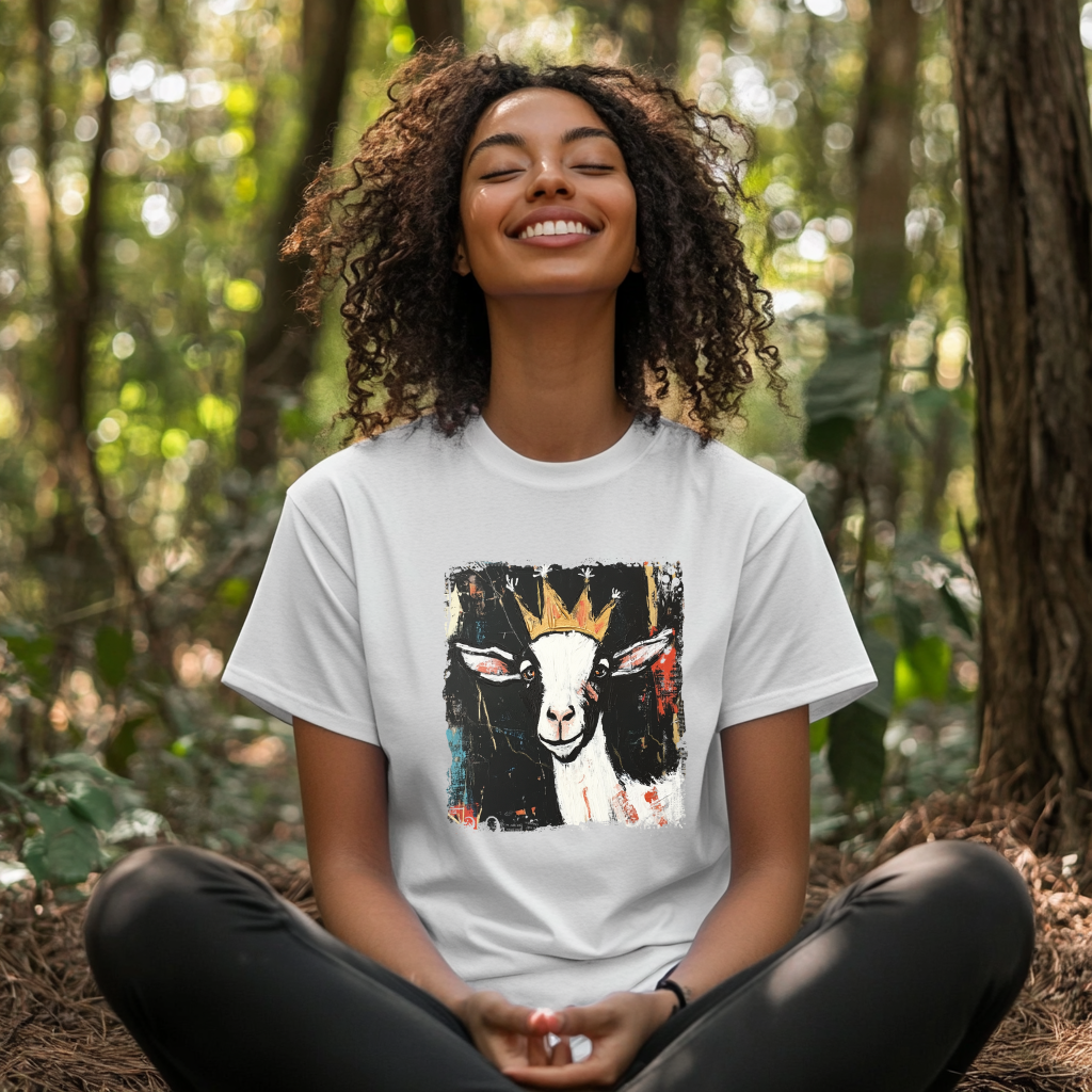 Person wearing a white t-shirt with a goat graphic in a forest setting