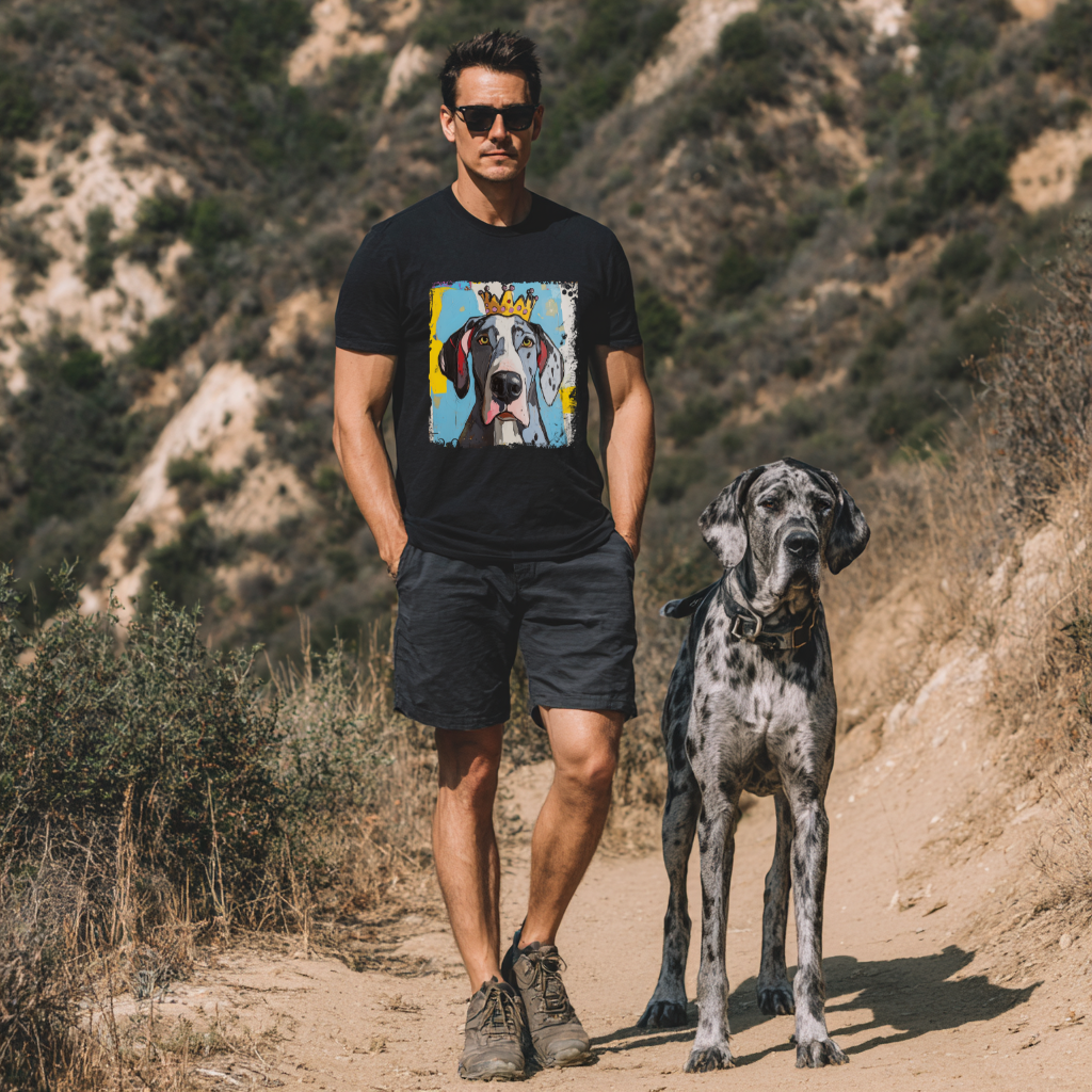 Man wearing a black t-shirt with a dog graphic and a Great Dane standing on a trail.