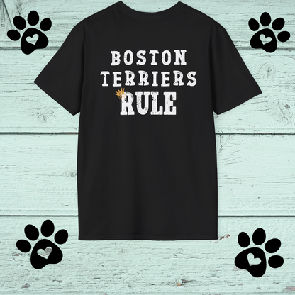 Black t-shirt with 'Boston Terriers Rule' text on a light blue wooden background with paw prints.