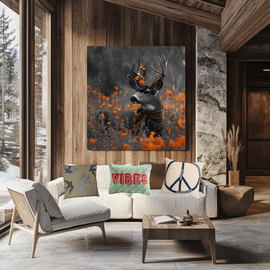 Orange Crush – Black and White Deer Canvas Wall Art with Poppy Flower Color Pop