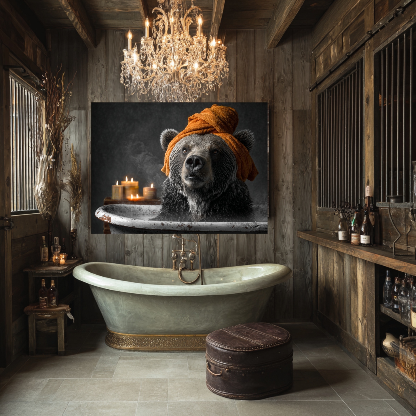 Luxurious bathroom with a bear painting, bathtub, and chandelier.