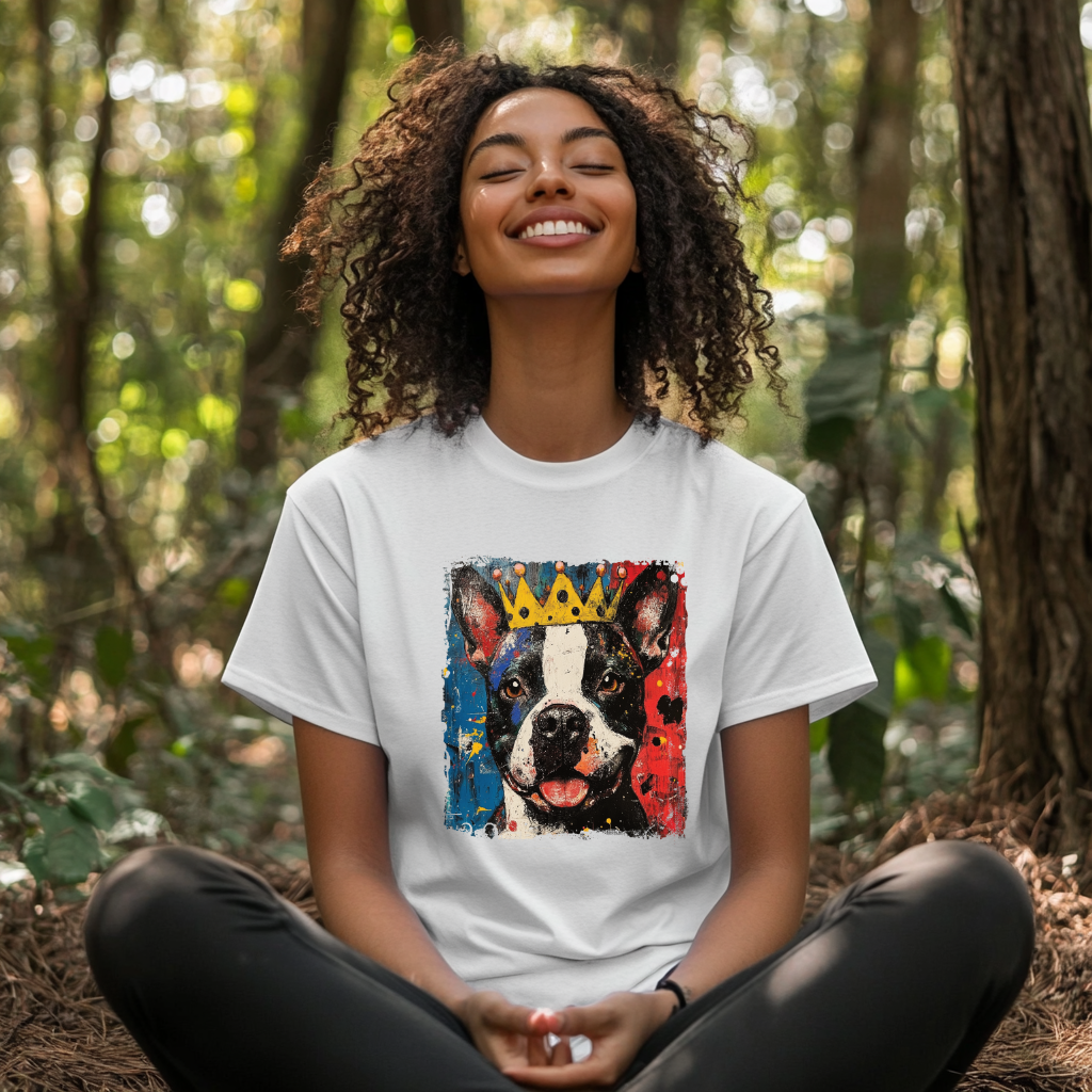 Person wearing a white t-shirt with a colorful Pit Bull graphic in a forest  setting