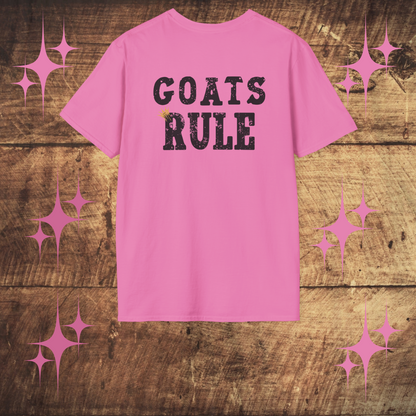 Pink t-shirt with 'GOATS RULE' text on a wooden surface with decorative elements.