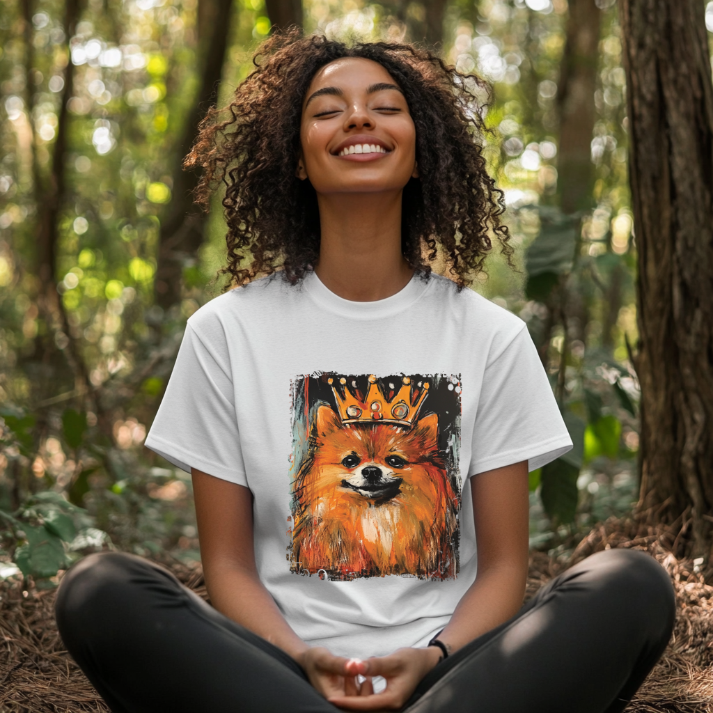Person wearing a white t-shirt with a  Pomeranian dog graphic in a forest