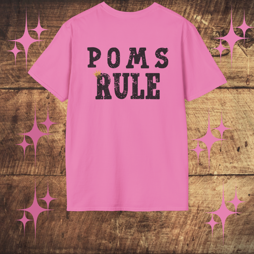 Pink t-shirt with 'POMS RULE' text on a wooden surface with star decorations.