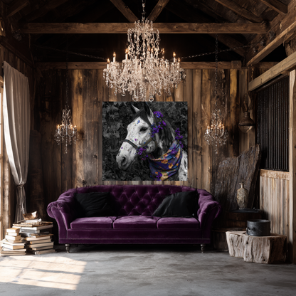Violet Reverie – Black and White Wild Horse Canvas Art with Purple Accents