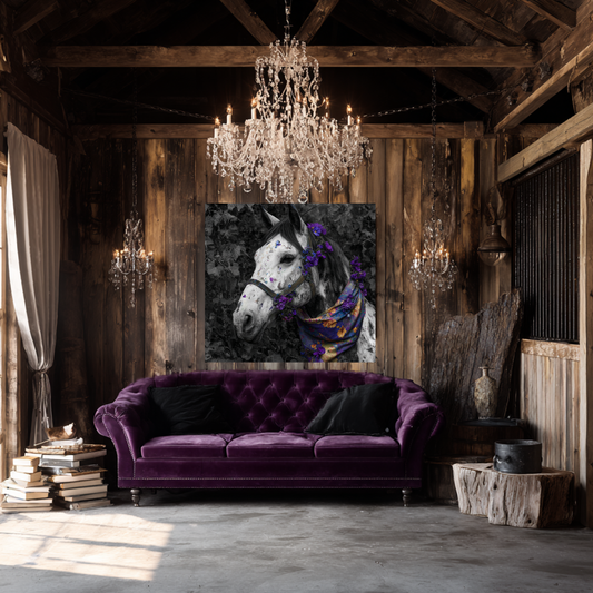 Violet Reverie – Black and White Wild Horse Canvas Art with Purple Accents