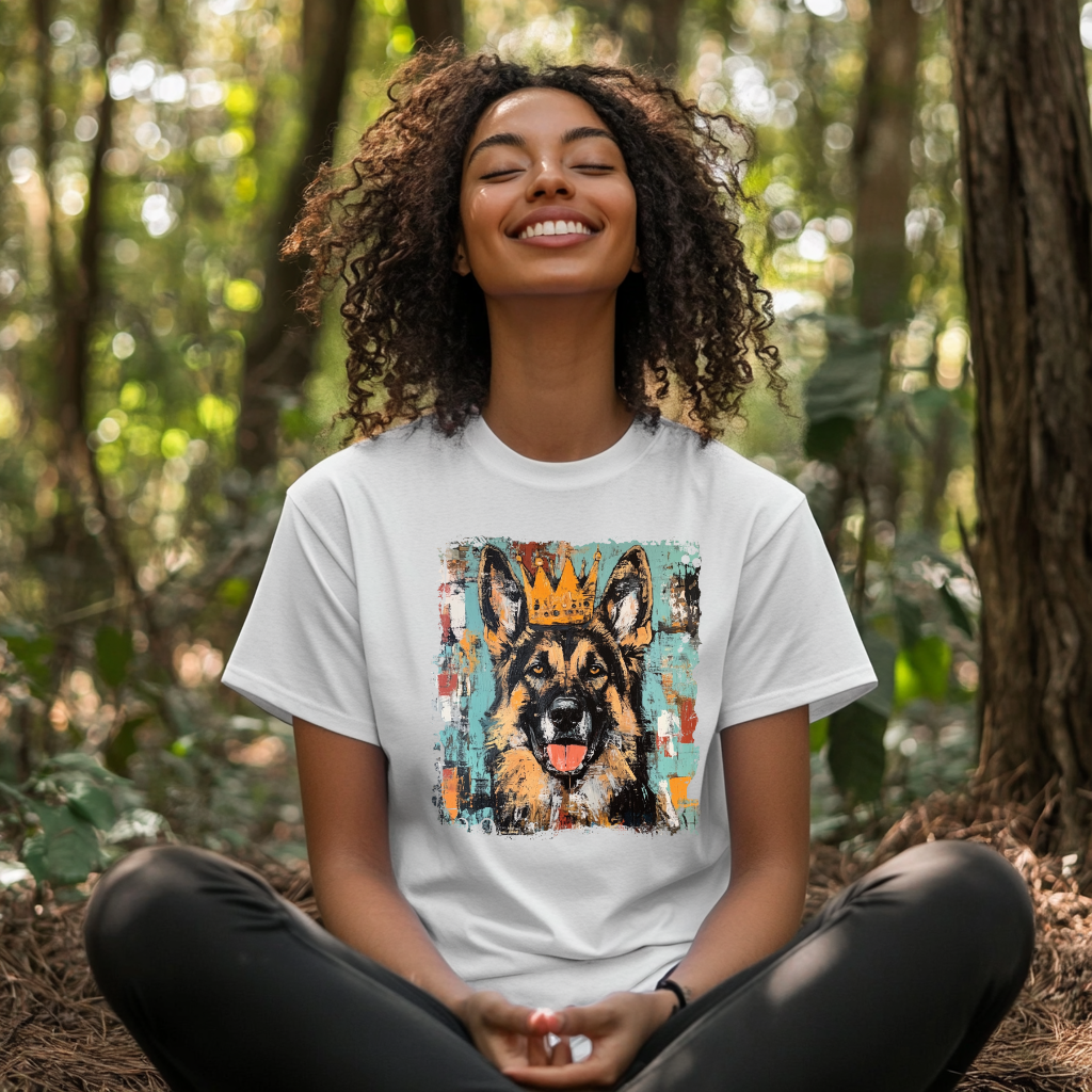 Person wearing a white t-shirt with a colorful German Shepherd graphic in a forest setting