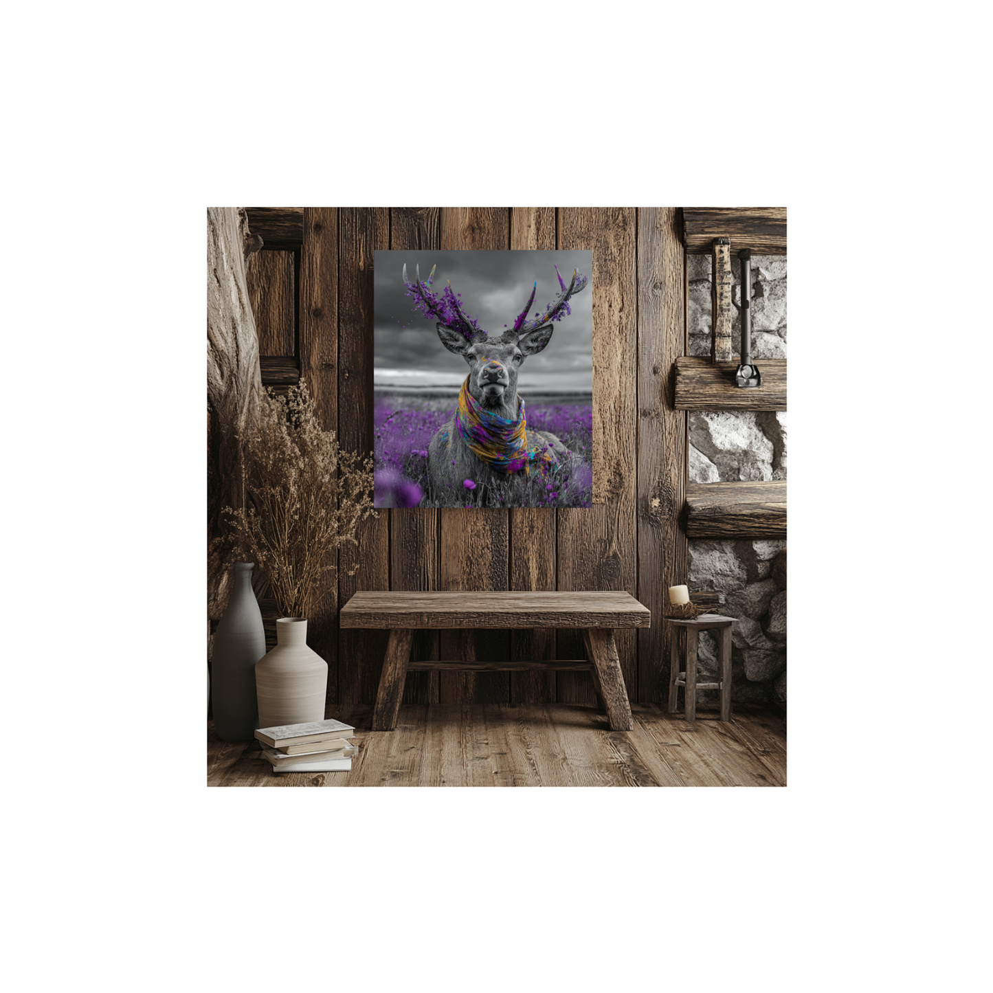 Canvas print of a deer with a colorful scarf on a wooden wall in a rustic setting.