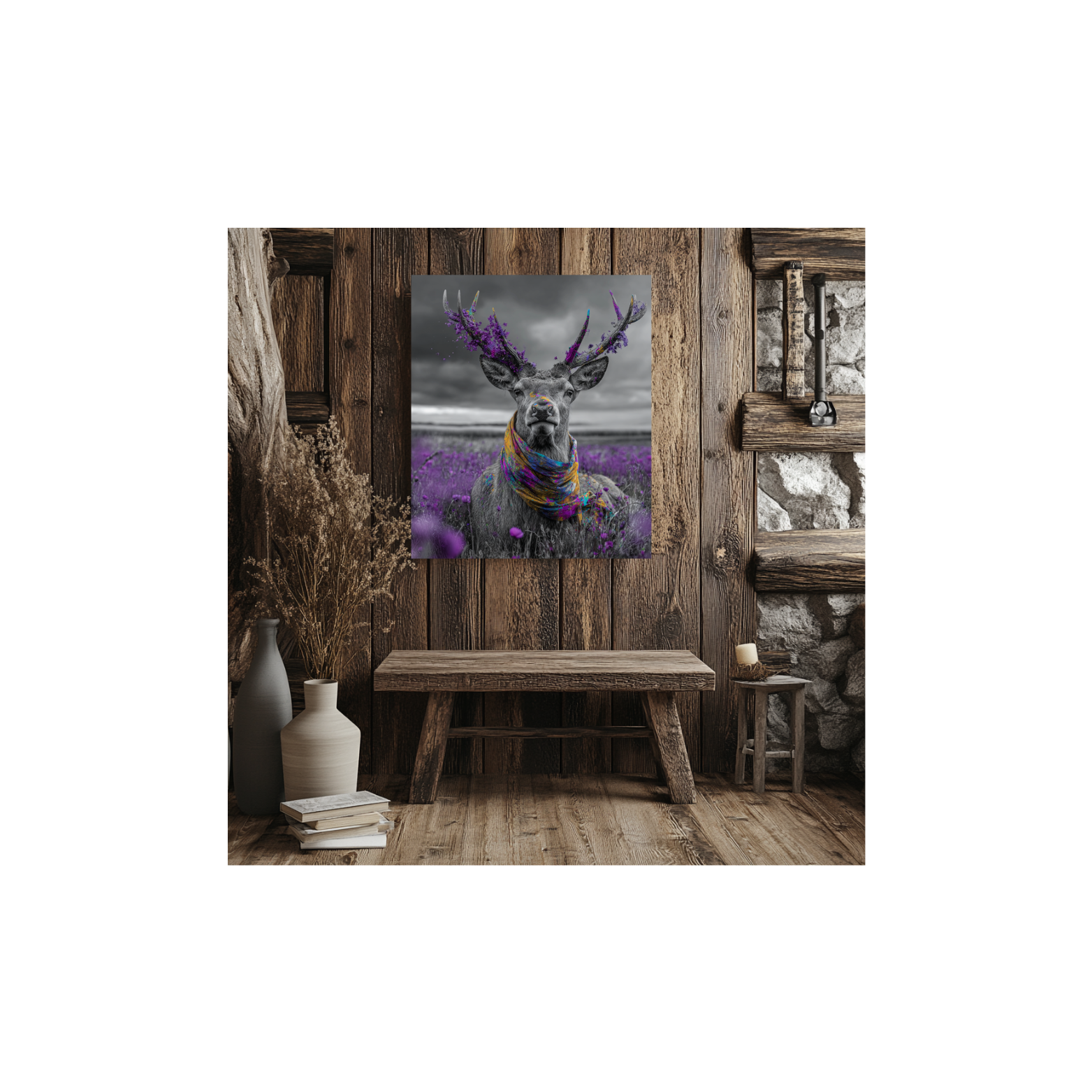 Canvas print of a deer with a colorful scarf on a wooden wall in a rustic setting.
