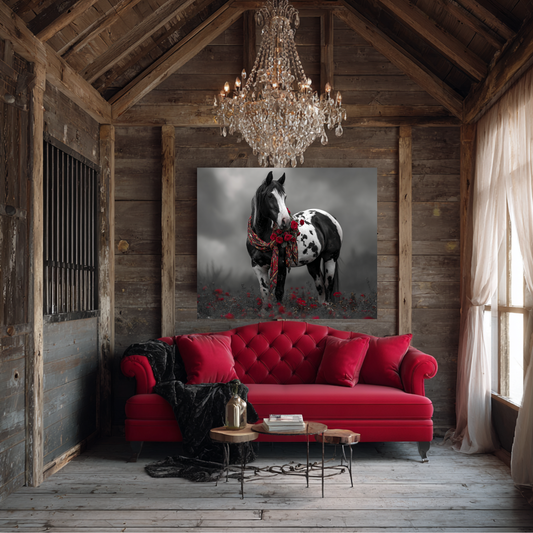 Red sofa in a rustic room with a horse painting on the wall